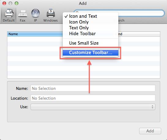 picture of selection of add window showing secondary click and selecting customize toolbar
