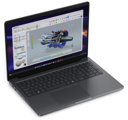 Side-facing picture of dell pro precision 5 series 16 laptop with screen open.